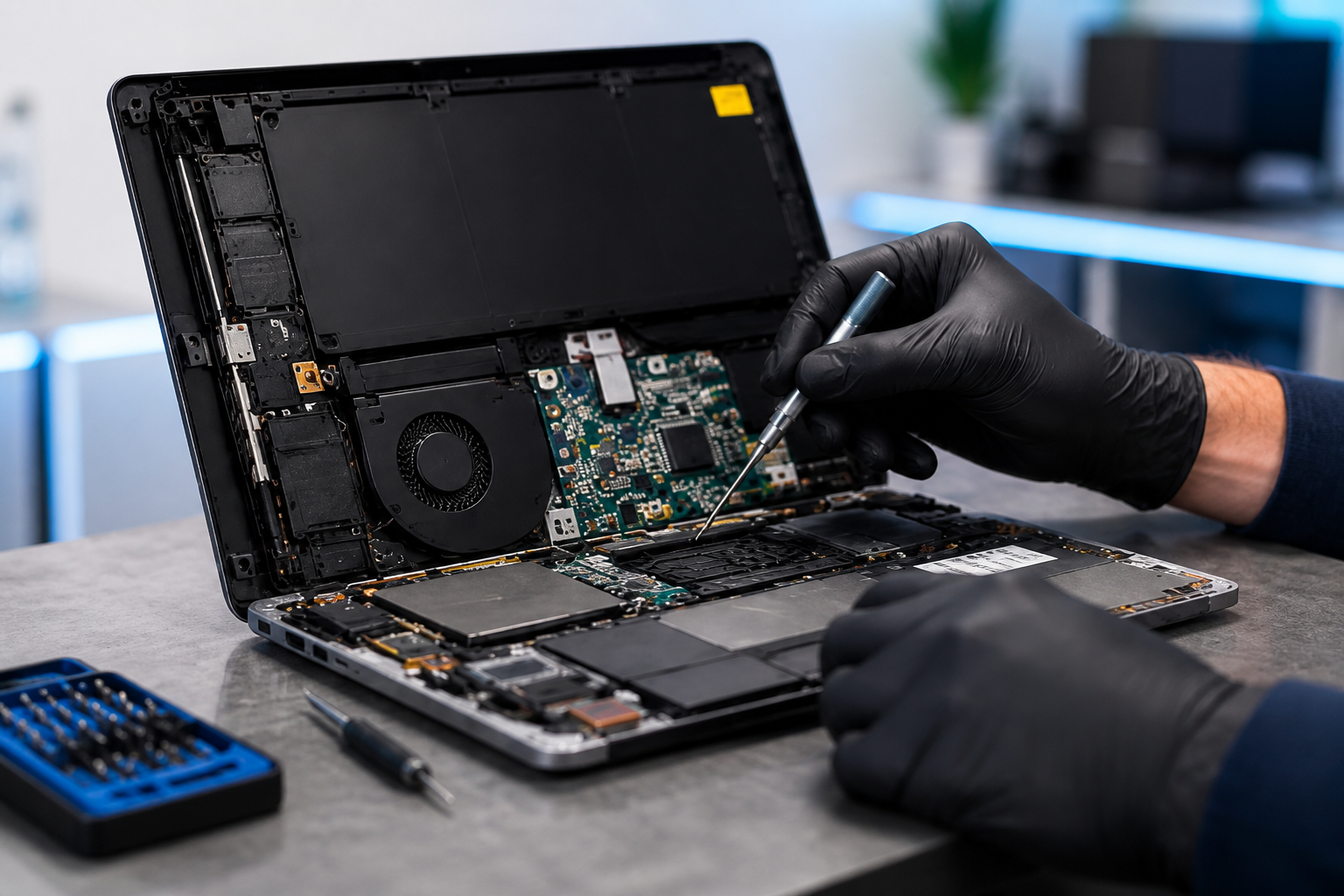Technician working on an opened laptop motherboard